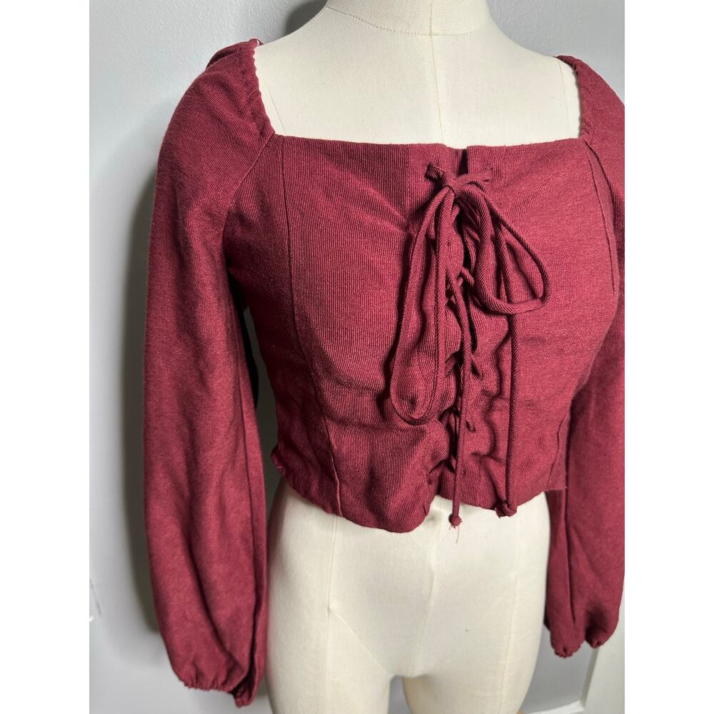 Kirious LA Burgundy Ribbed Lace-Up Crop Top Smocked Peasant Blouse Large